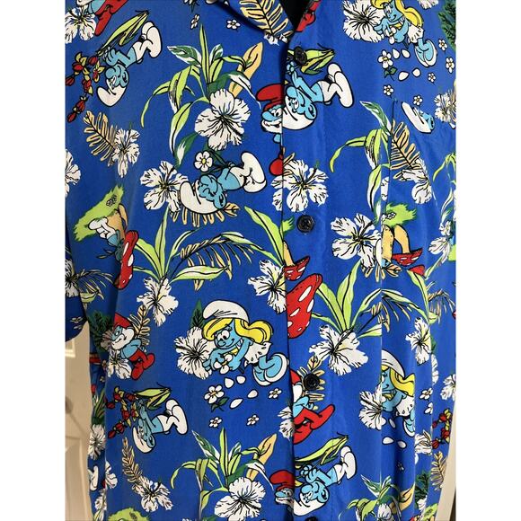 The Smurfs Hawaiian Shirt Sz 3XL Blue 100% Rayon Button Beach Camp Relax 80s - Picture 2 of 7